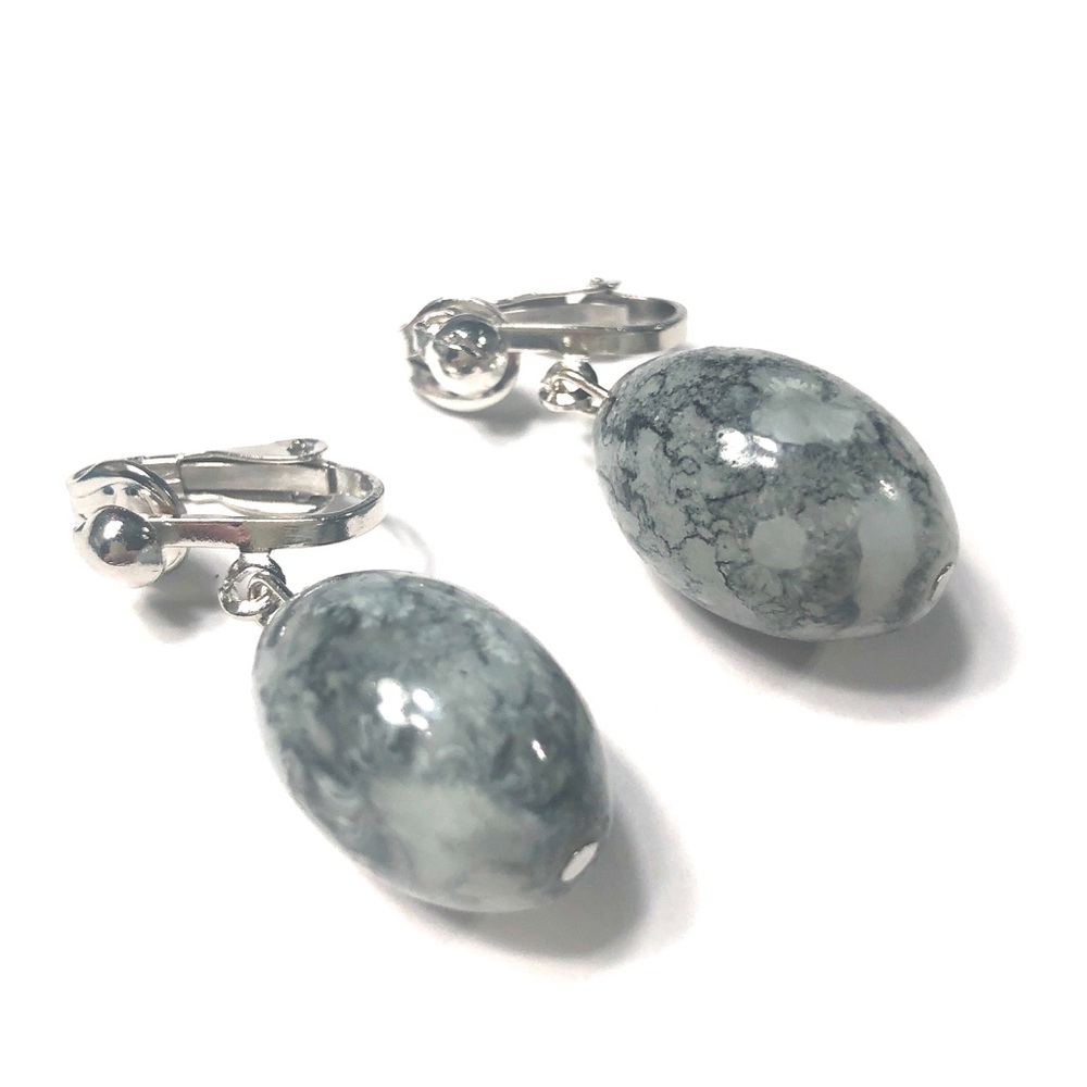 Handmade Black Grey Glass Oval Clip On Earrings Women Gift Jewelry